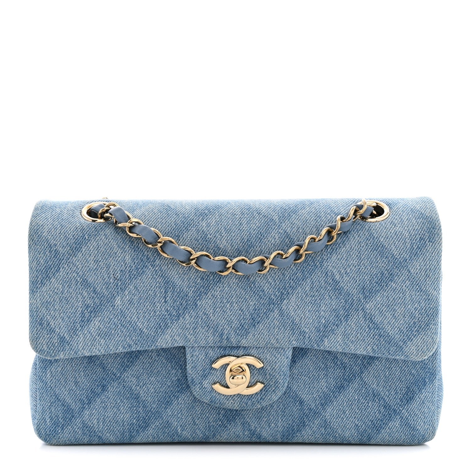 Chanel Printed Denim Quilted Small Double Flap Light Blue