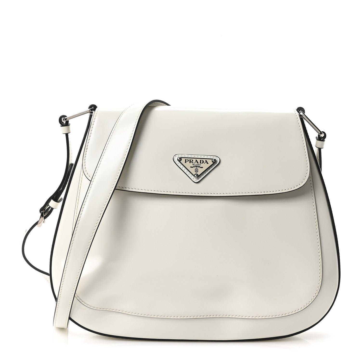 Prada Spazzolato Cleo Flap Adjustable Strap Shoulder Bag  White