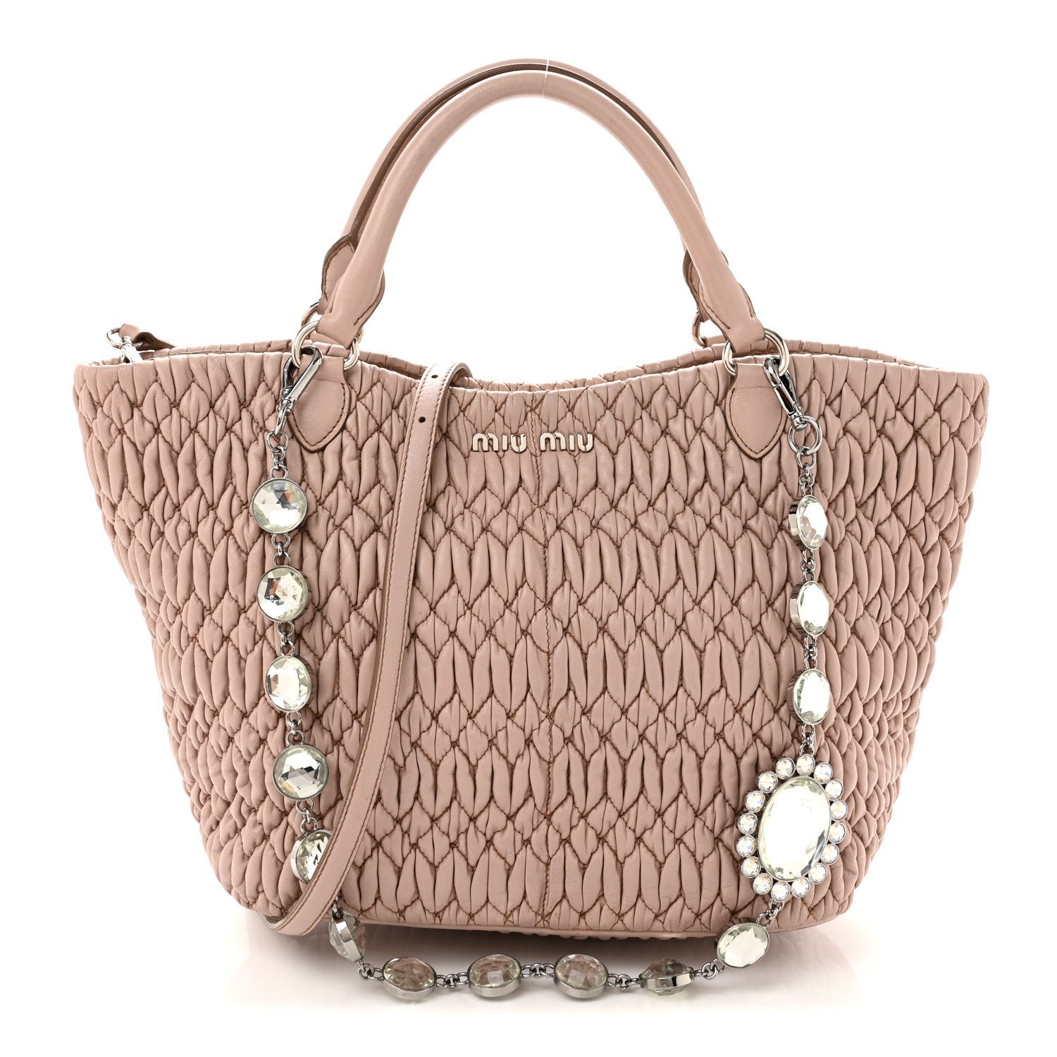Miu Miu Nappa Matelasse Swarovski Crystal Tote Cammeo
