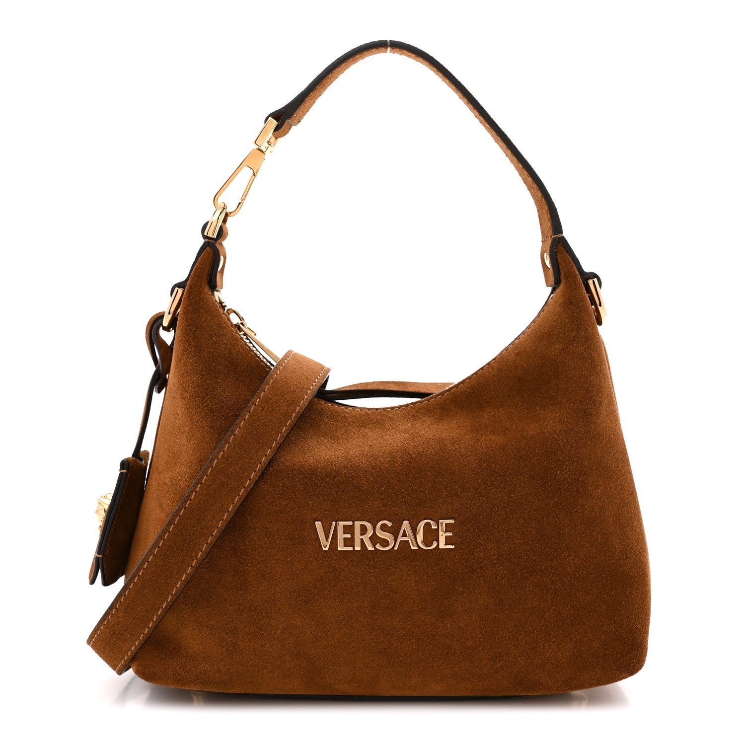 Versace Suede Logo Tag Hobo Tobacco