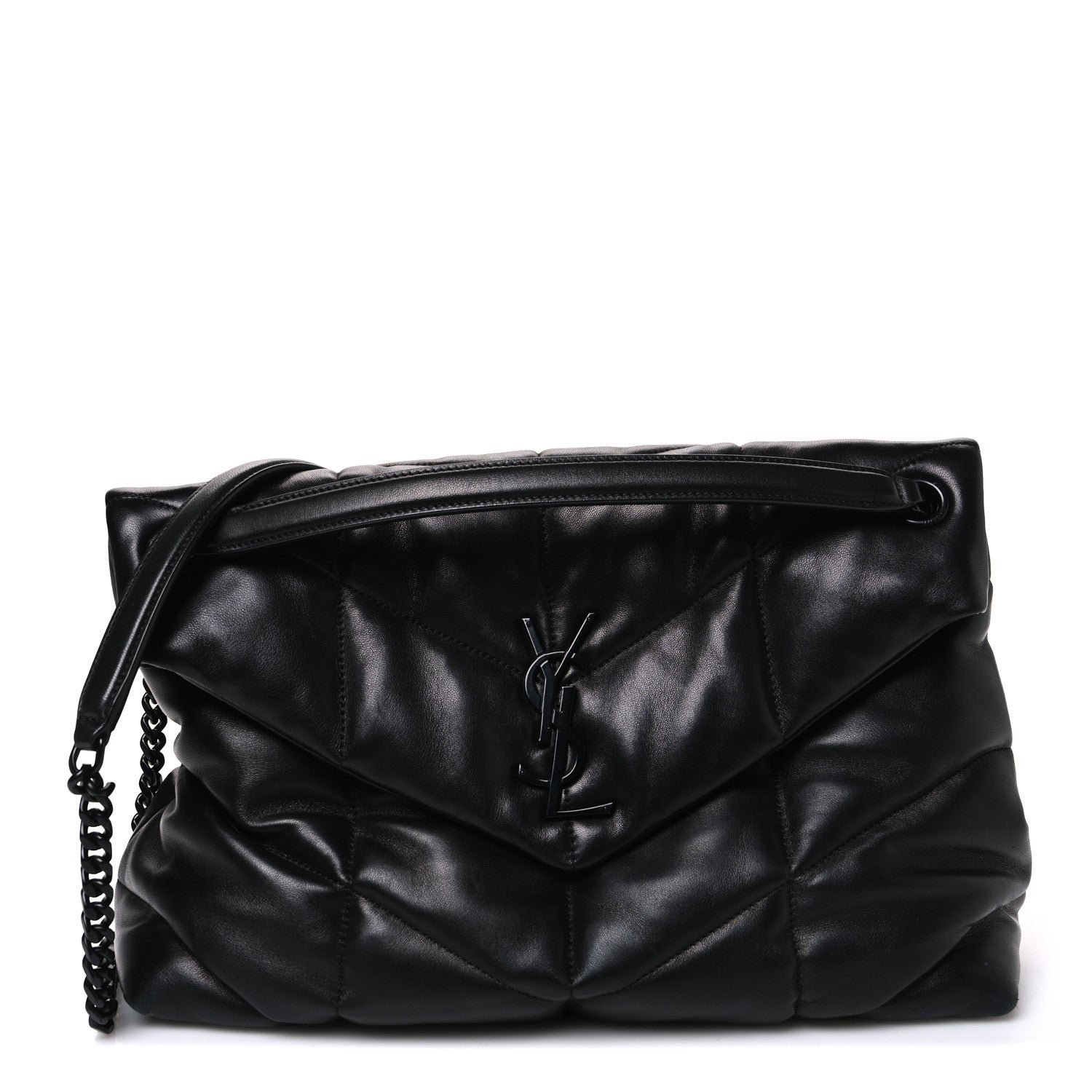 Saint Laurent Lambskin Quilted Monogram Monochrome Medium Loulou Puffer Chain Satchel Black