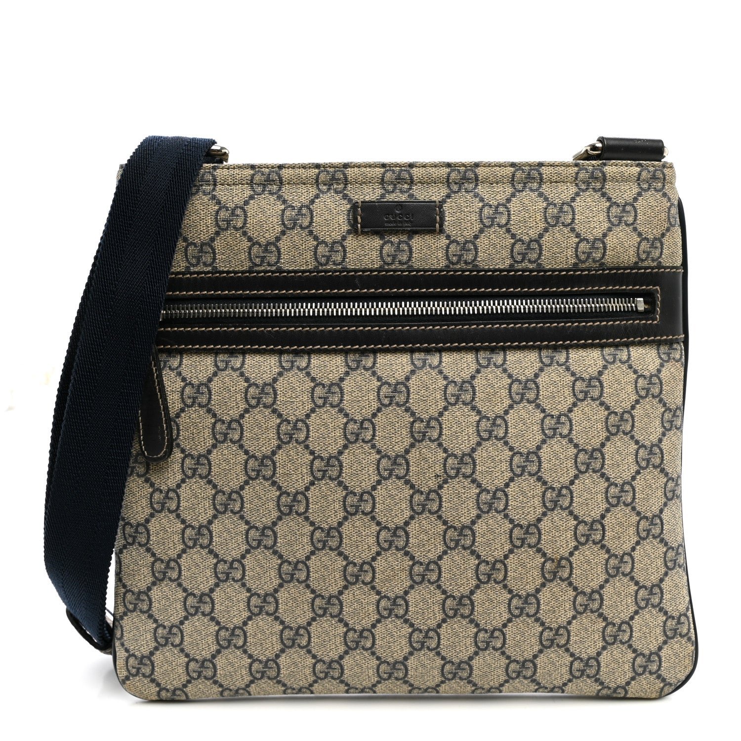 Gucci GG Supreme Monogram Small Flat Side Zip Messenger Bag Beige Blue