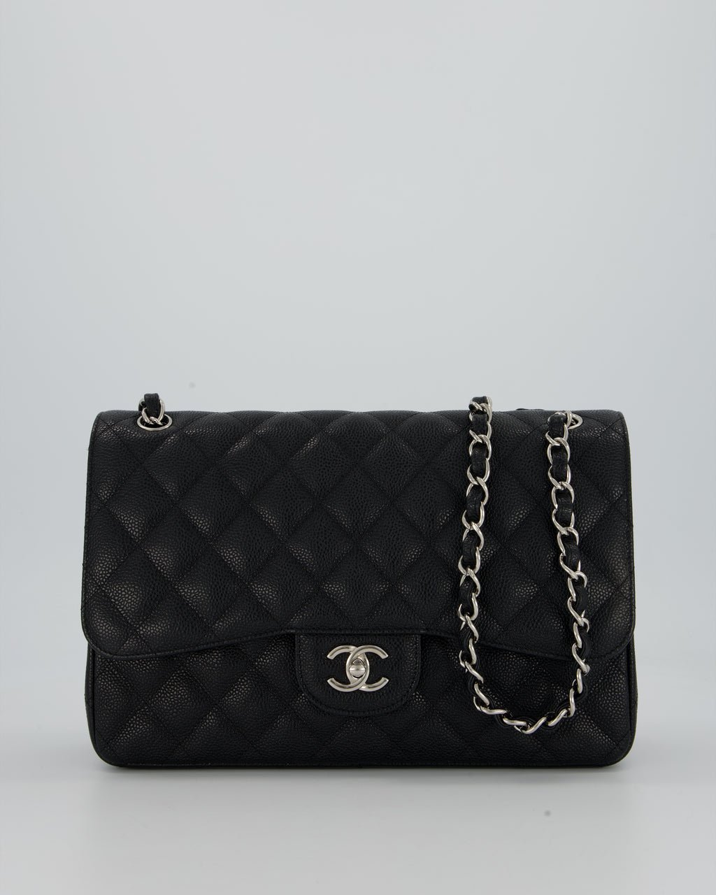 Chanel Black Jumbo Classic Double Flap Bag in Caviar Leather with Silver Hardware