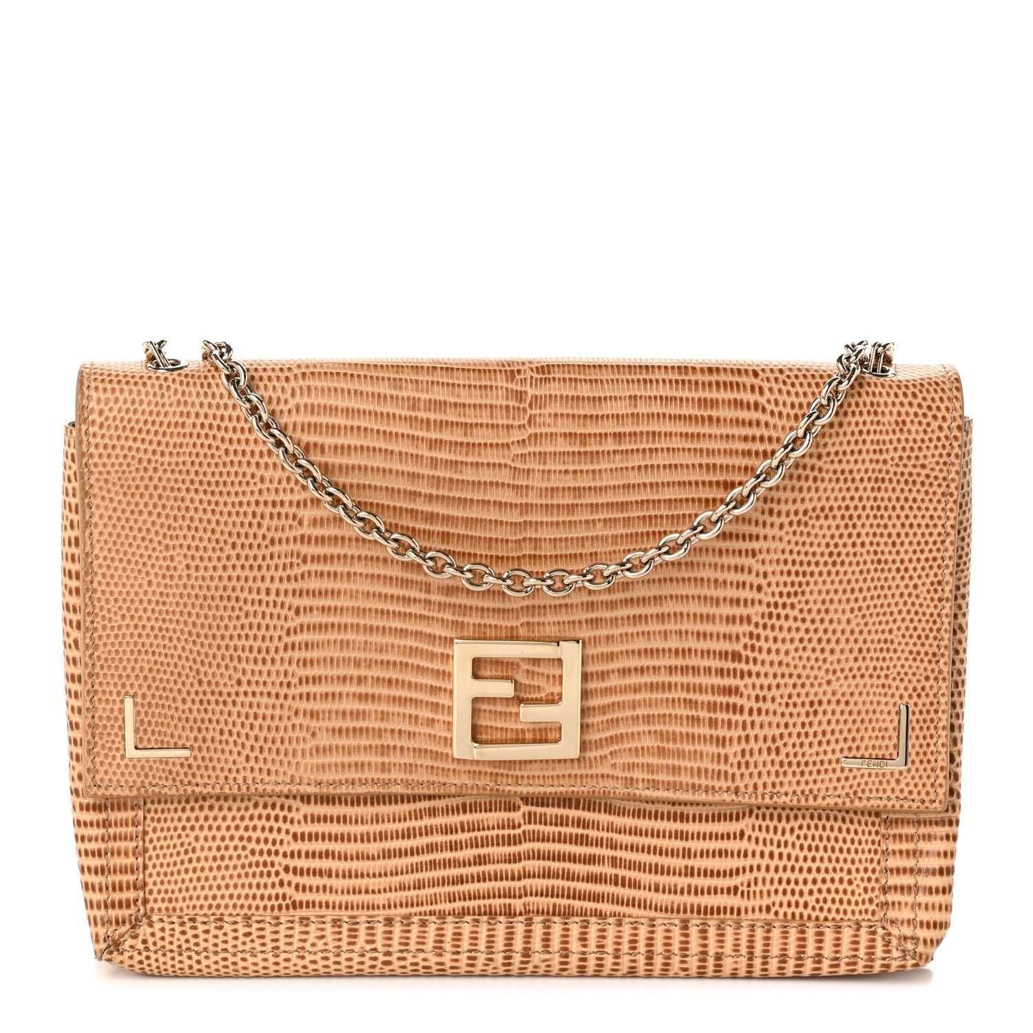 Fendi Calfskin Lizard Embossed Wallet on Chain Beige