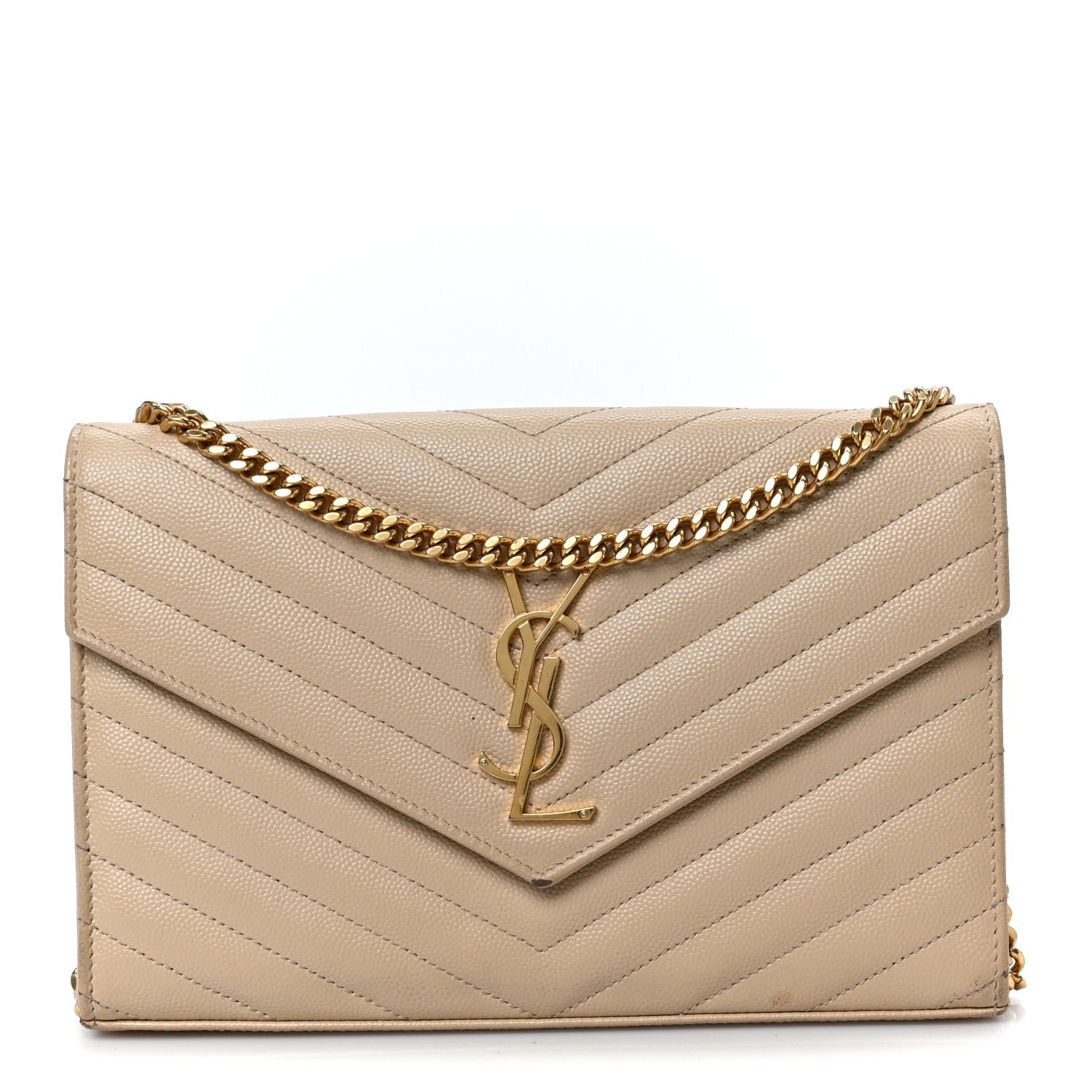 Saint Laurent Grain De Poudre Matelasse Chevron Monogram Chain Wallet Dark Beige