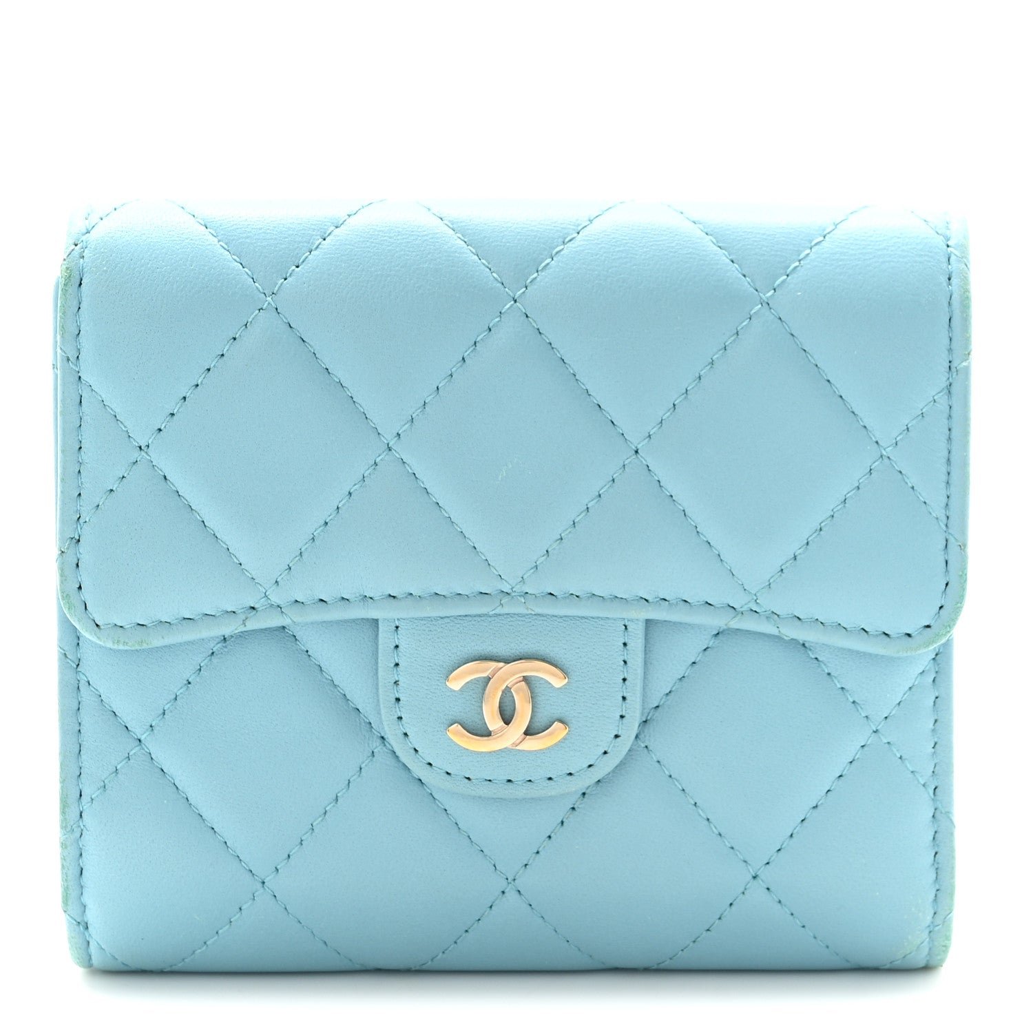 Chanel Lambskin Quilted Compact Flap Wallet Light Blue