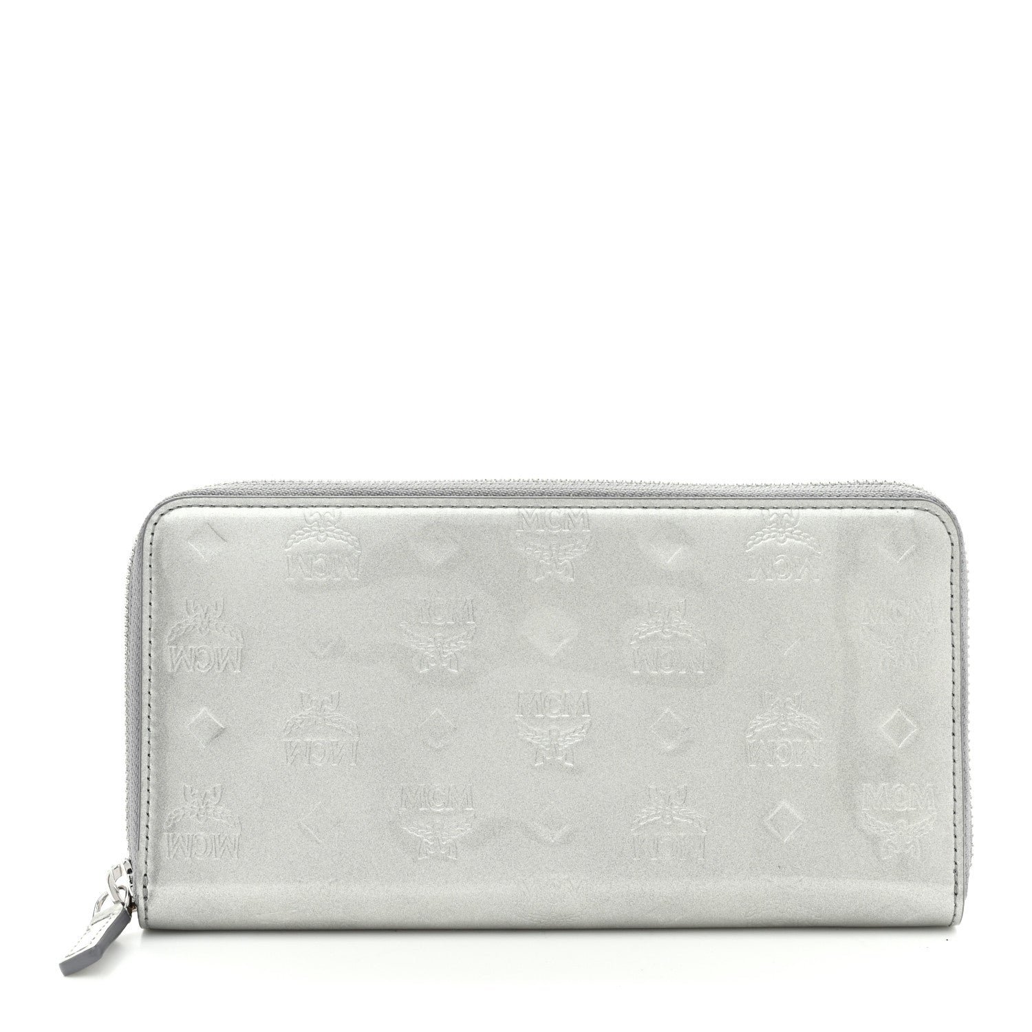 MCM MCM Metallic Monogram Patent Large Zip Around Wallet Silver