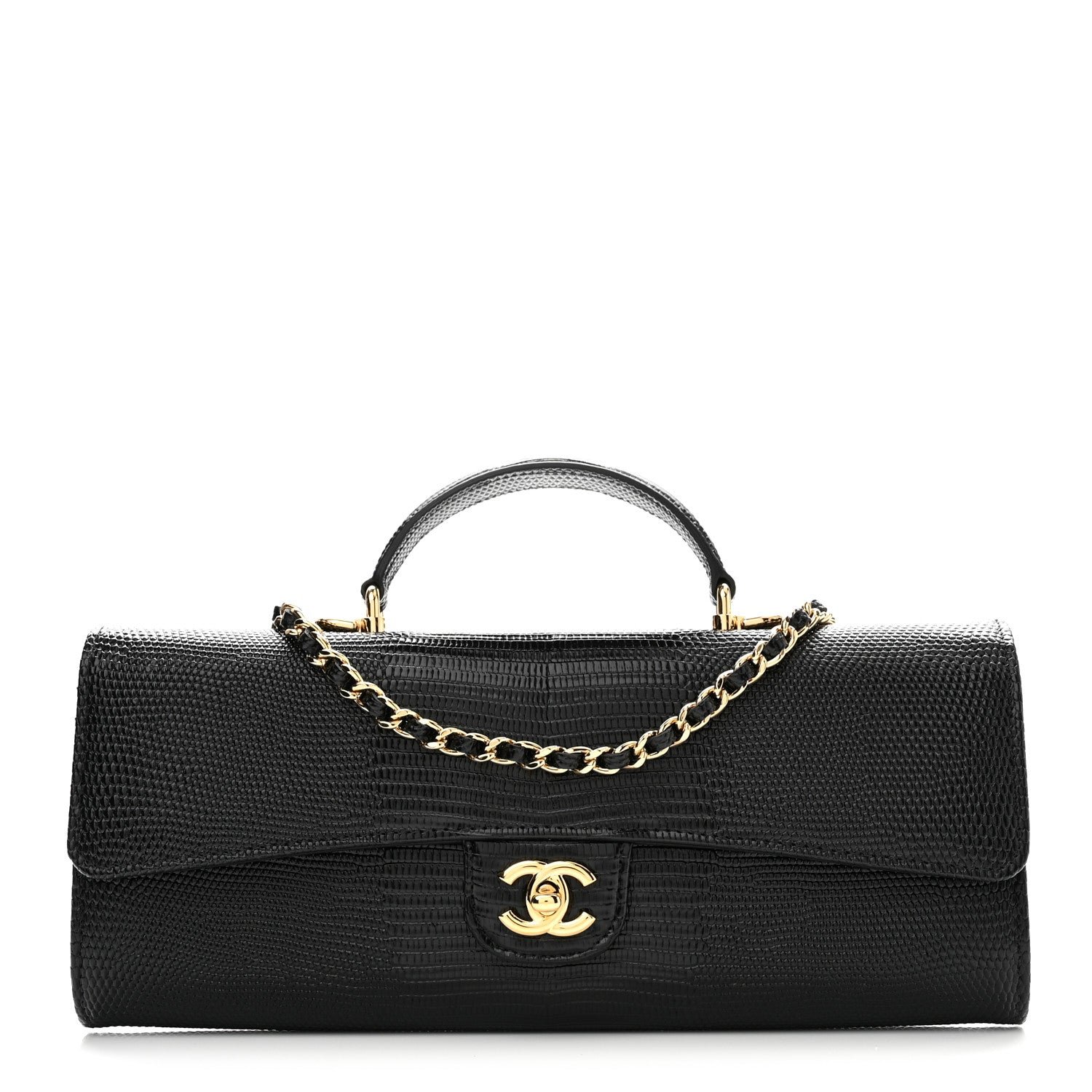 Chanel Calfskin Lizard Embossed Top Handle Clutch With Chain Black