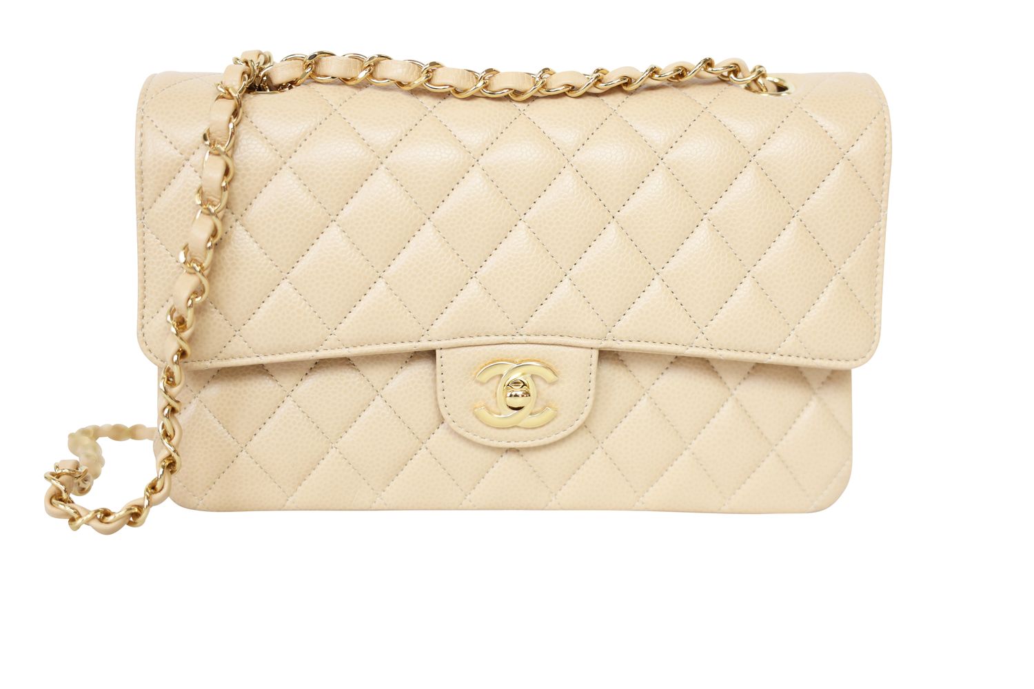 Chanel Classic Medium Bag, Beige Quilted Caviar Leather and Gold Hardware, New in Box WA001