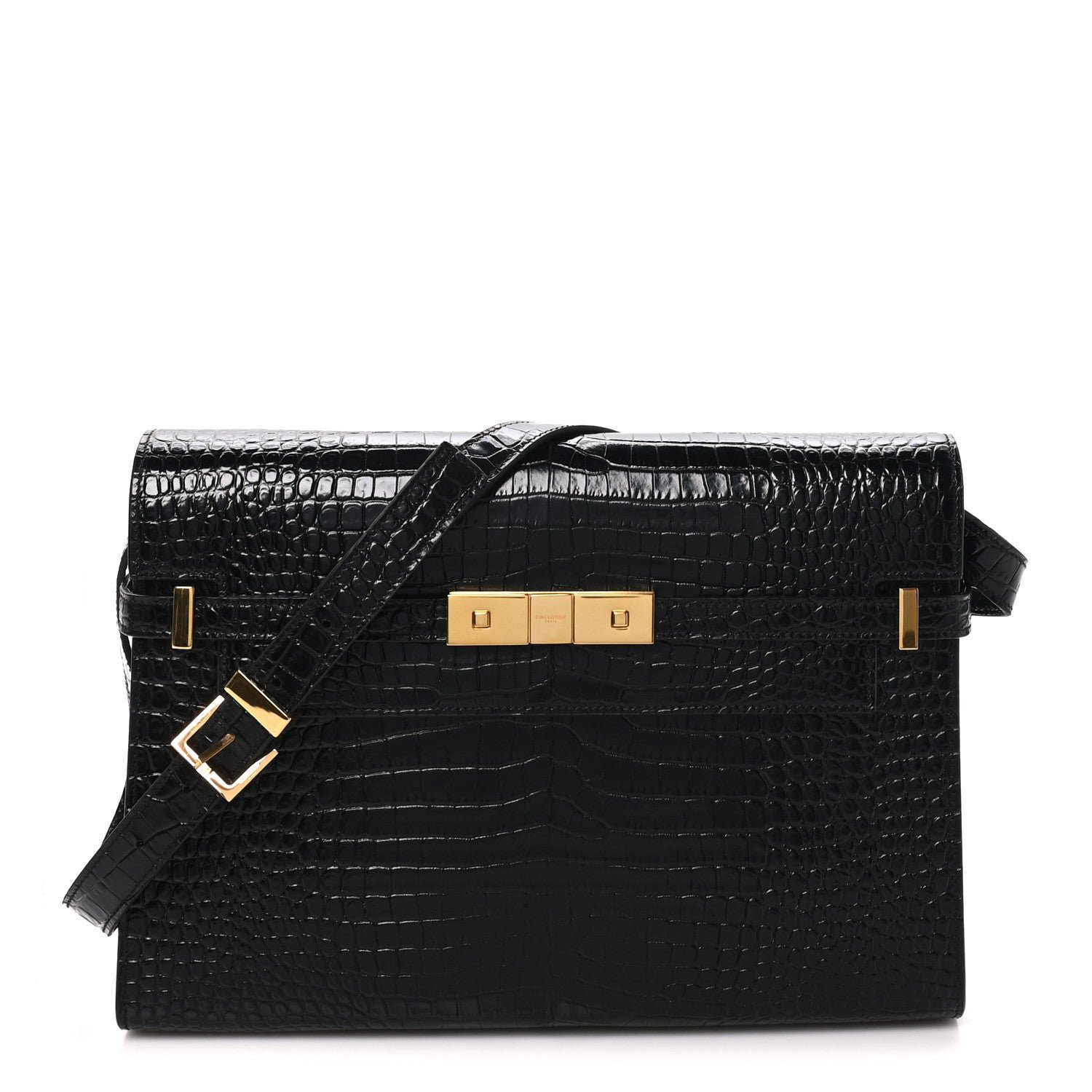 Saint Laurent Shiny Calfskin Crocodile Embossed Manhattan Baguette Black