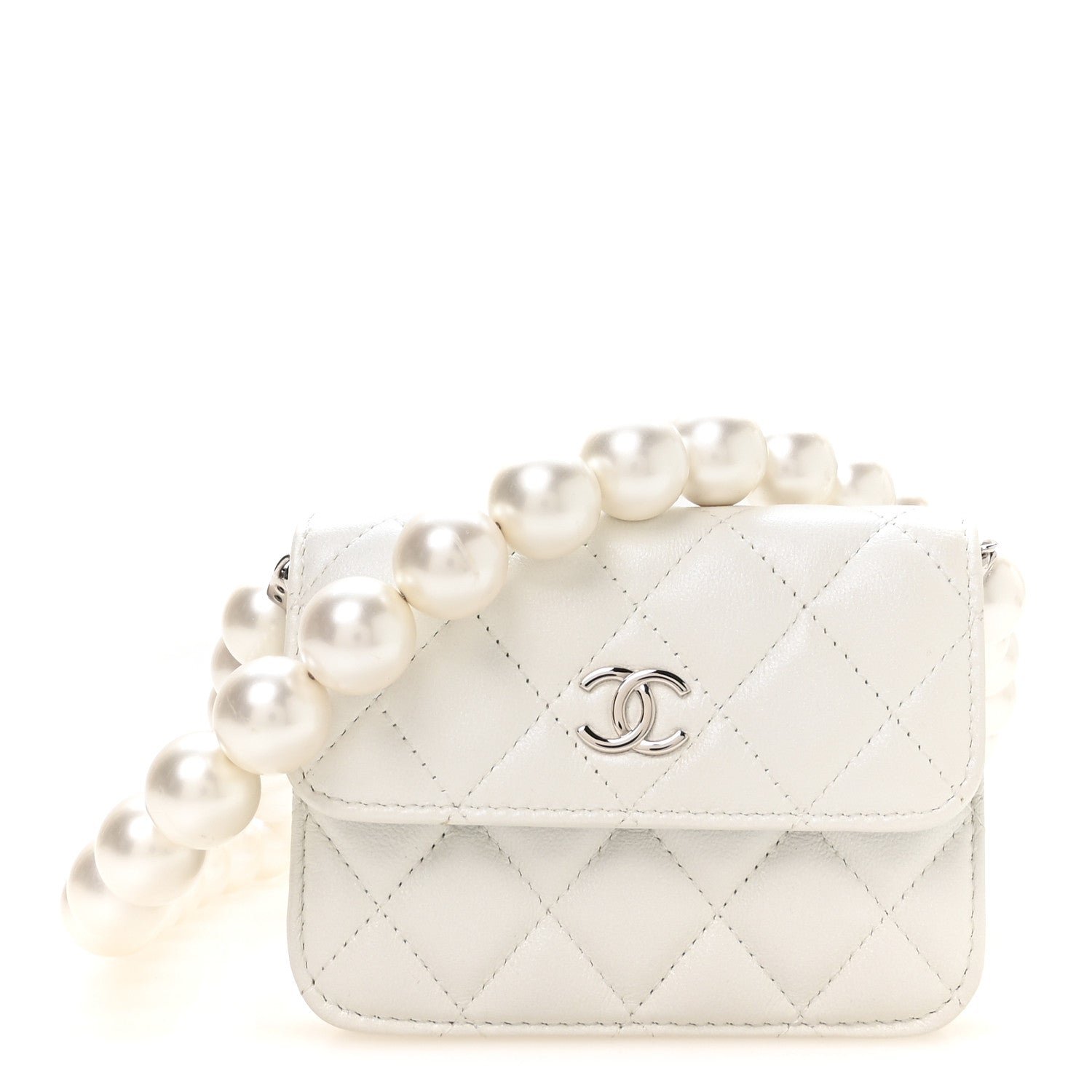 Chanel Calfskin Quilted Mini Maxi Pearls Wallet On Chain WOC White