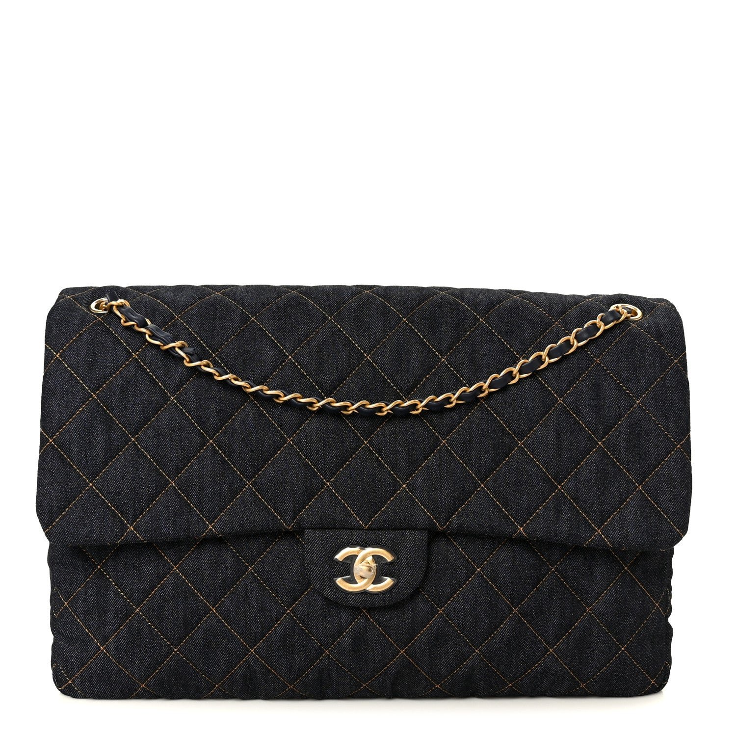 Chanel Denim Quilted XXL Travel Flap Bag Dark Blue Orange