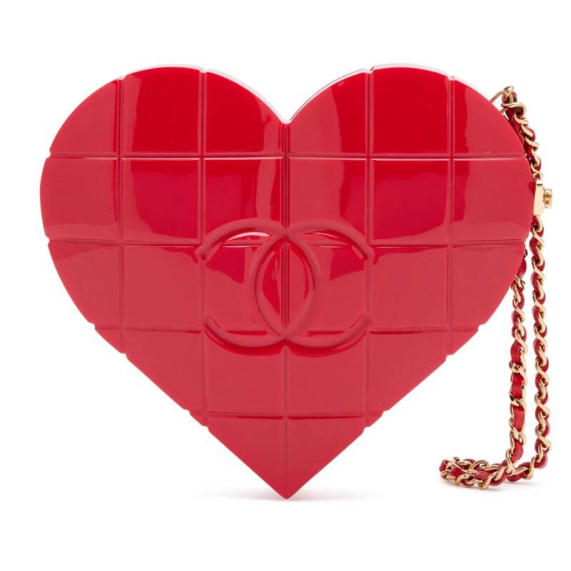 Vintage Red Lucite Chocolate Bar Heart Clutch Minaudière Gold Hardware, 2002