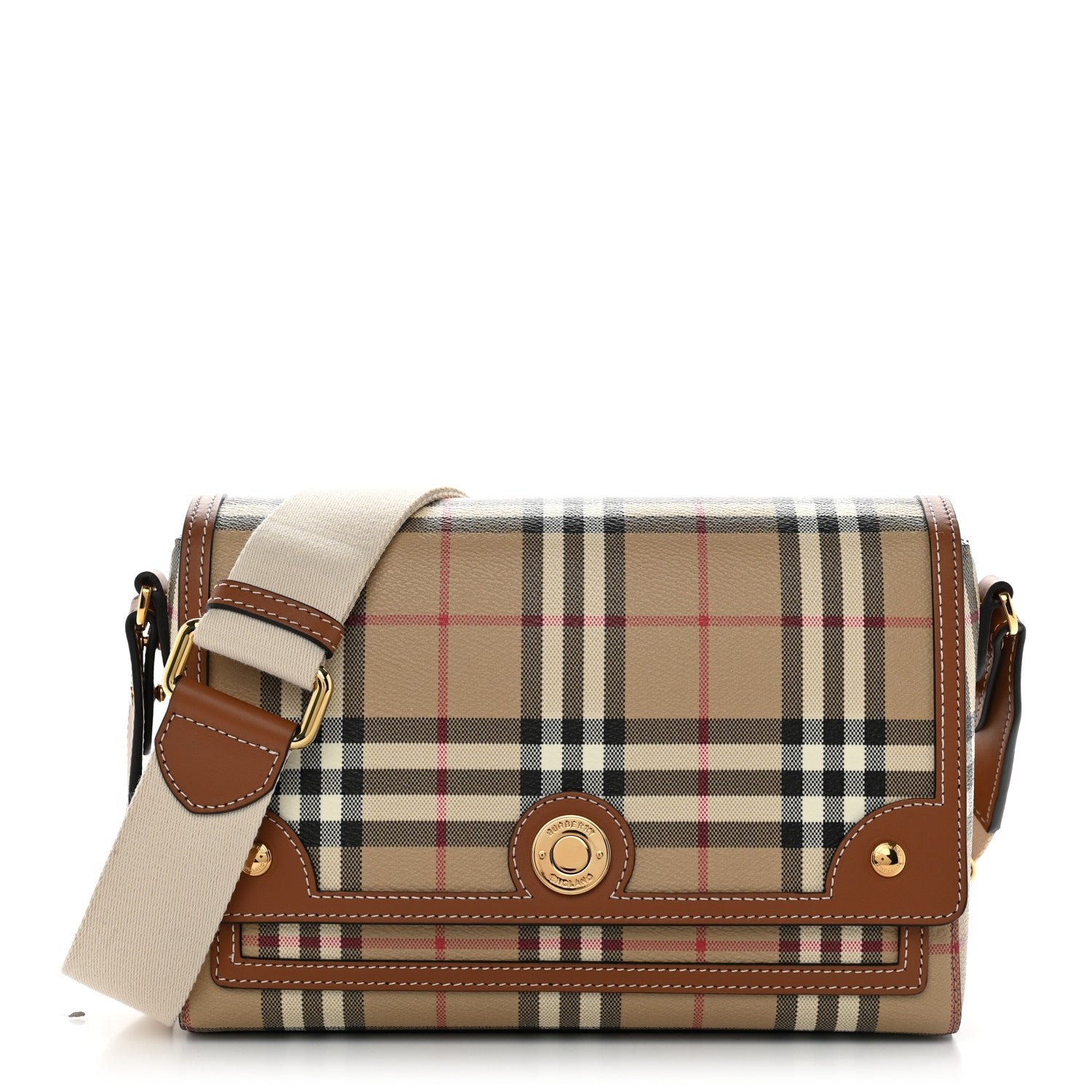 Burberry Coated Canvas Calfskin Vintage Check Medium Note Crossbody Bag Briar Brown