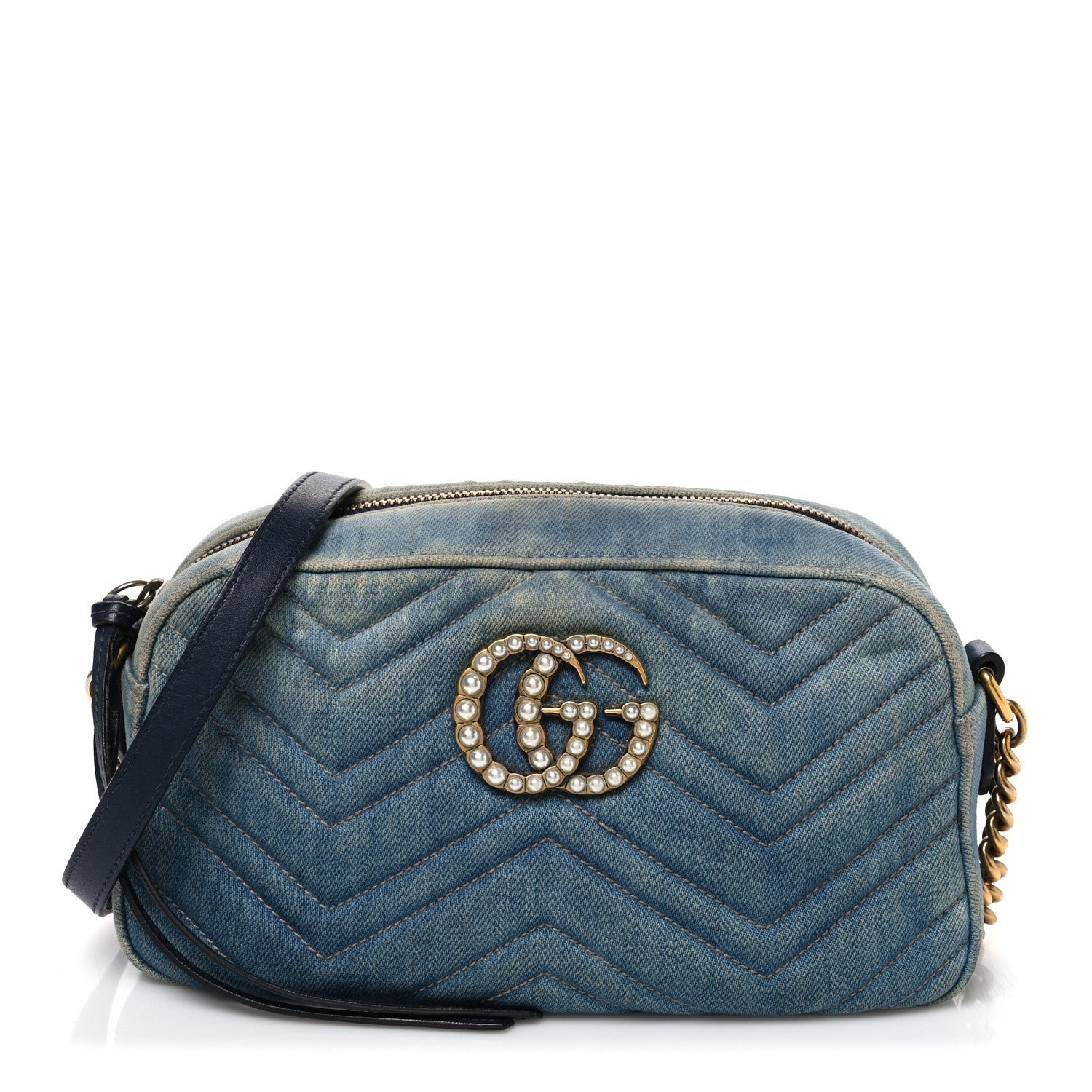 Gucci Denim Matelasse Small Pearly GG Marmont Chain Shoulder Bag Blue