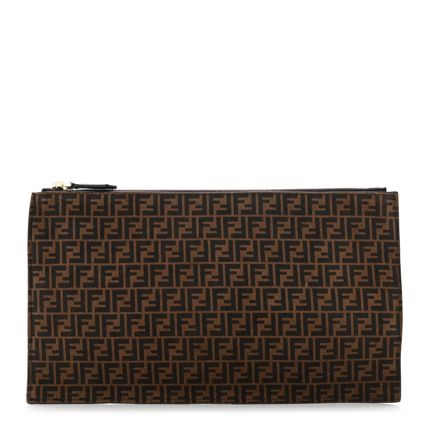 Fendi Suede Vitello King Micro FF Medium Flat Pouch Sigaro Marrone Ebano