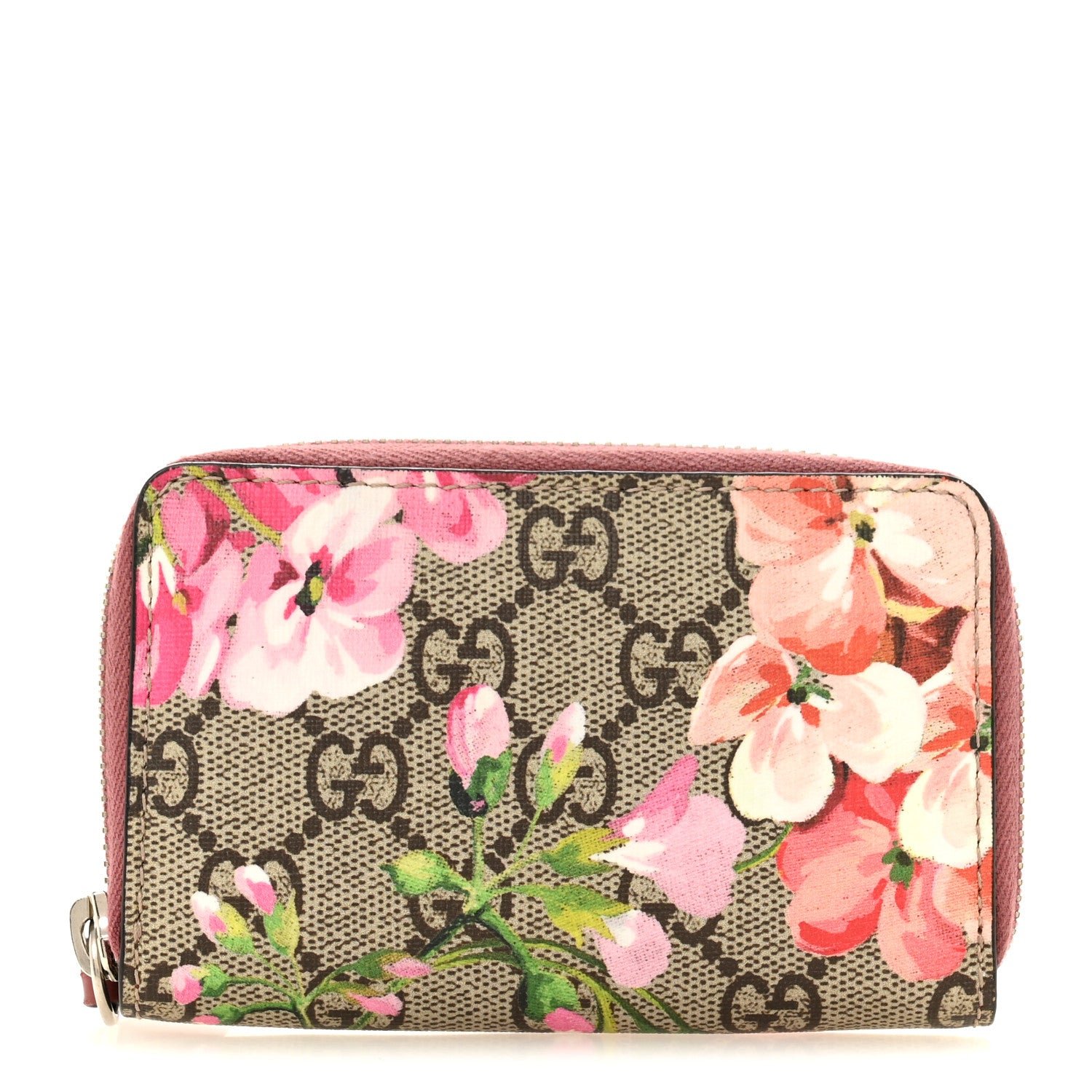 GG Supreme Monogram Blooms Zip Around Card Case Wallet Beige Multicolor Dry Rose
