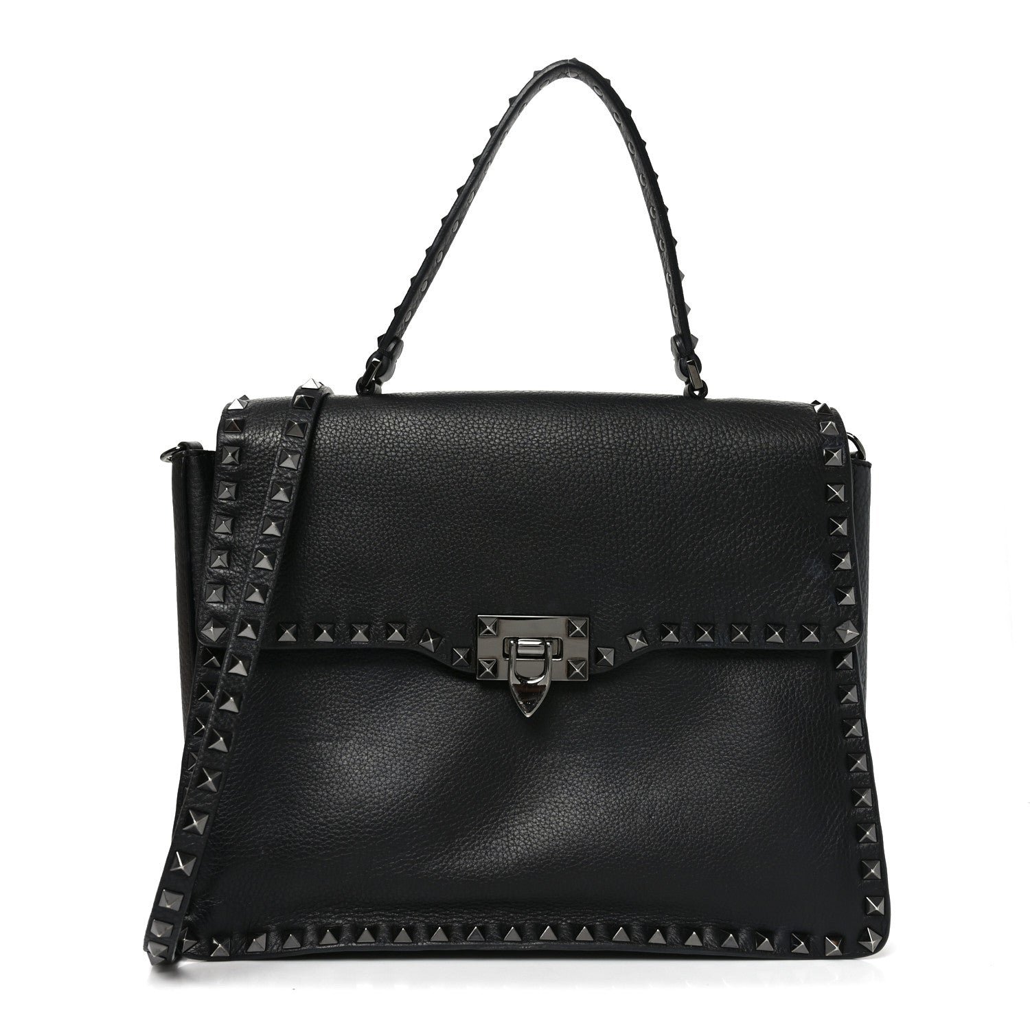 Valentino Garavani Alce Printed Calfskin Rockstud Top Handle Flap Shoulder Bag Black