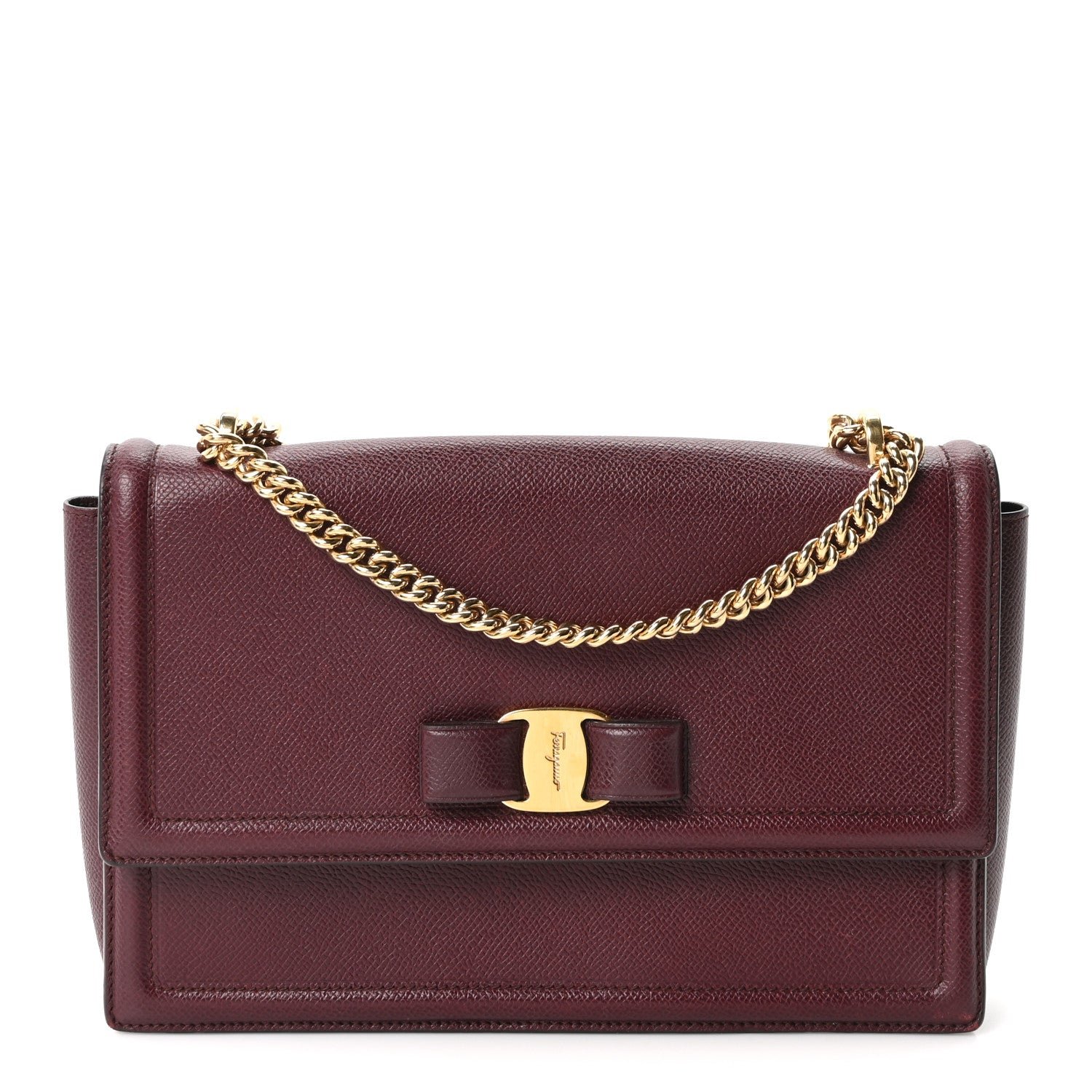 Salvatore Ferragamo Pebble Calfskin Ginny Vara Bow Shoulder Bag Burgundy