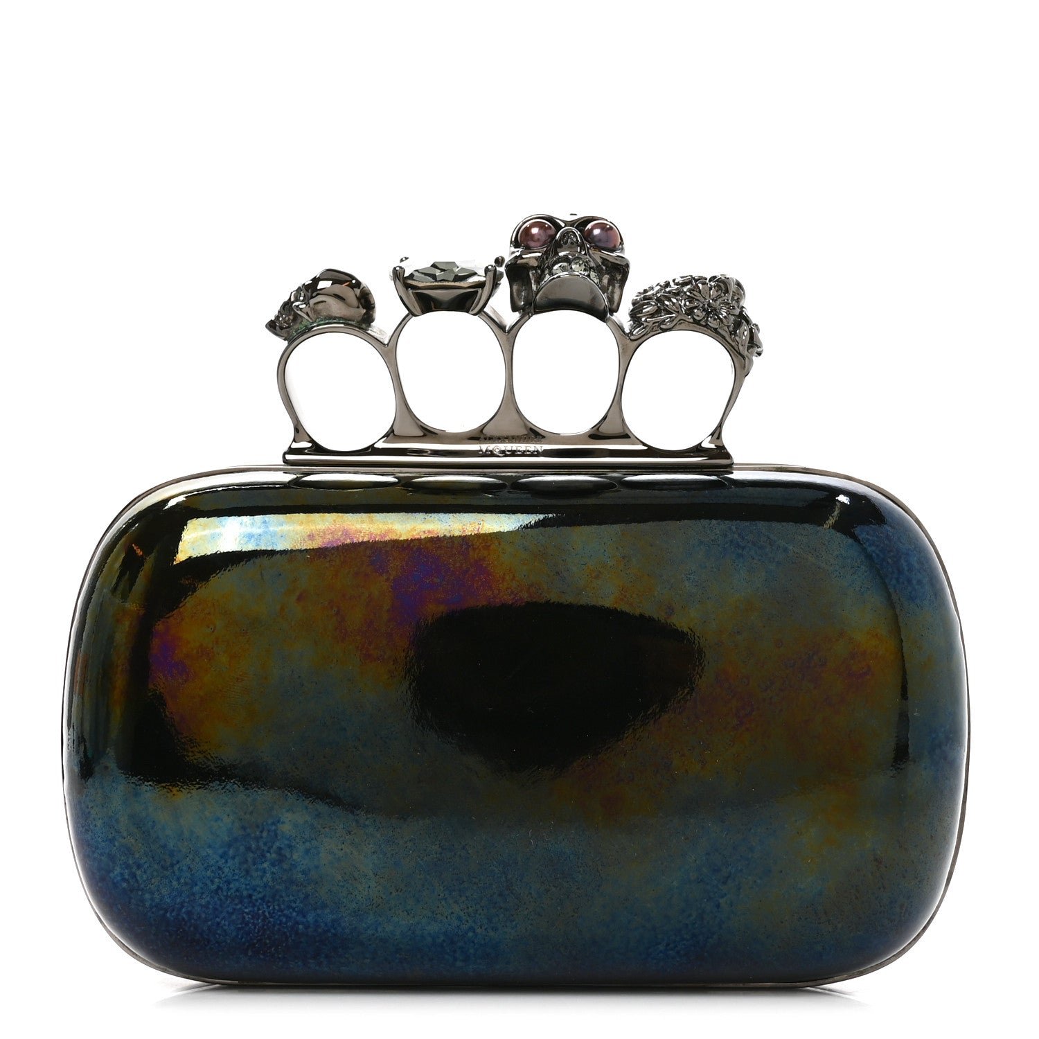 Alexander McQueen Patent Skull Knuckle Oil Slick Duster Box Clutch Multicolor
