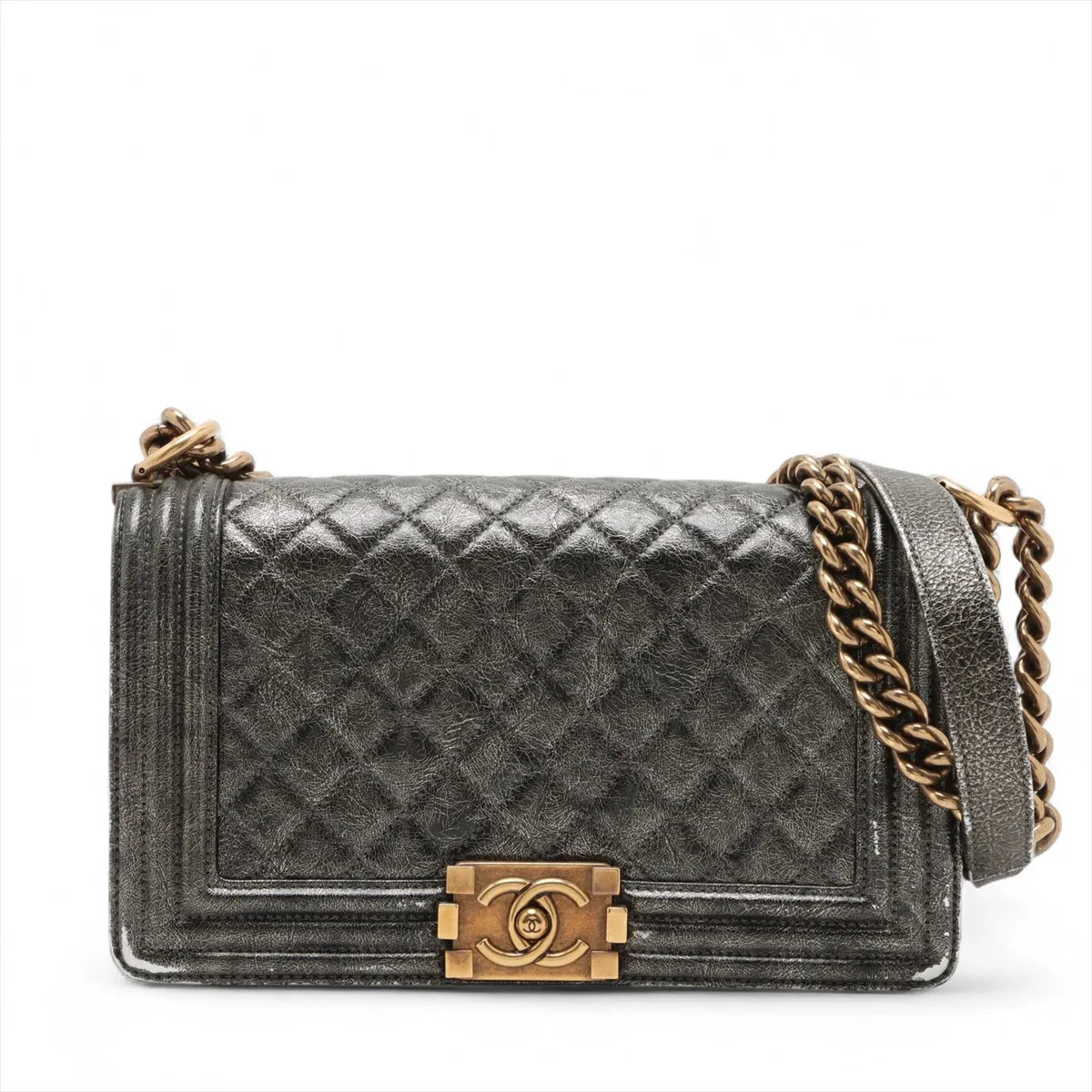 Chanel BOY CHANEL 25 Leather Chain Shoulder Bag black x silver Gold Metal Fittin