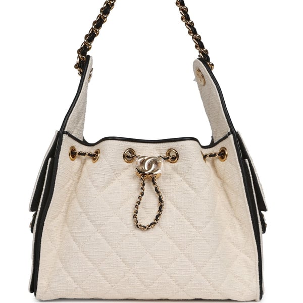 Chanel Small 25 Hobo Bag Ecru Canvas and Black Calfskin Gold Hardware