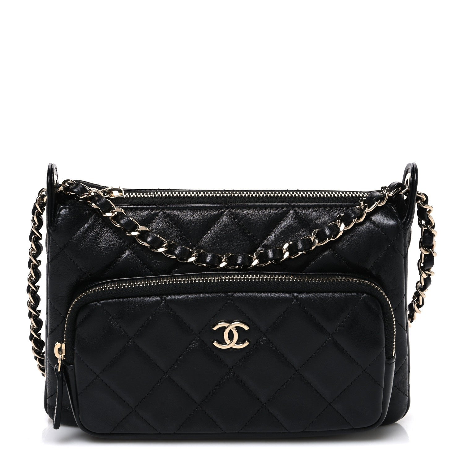 Chanel Shiny Crumpled Lambskin Quilted Small Preppy Pocket Clutch With Chain Black