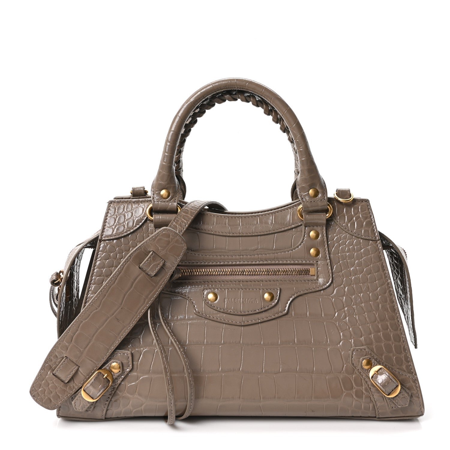 Balenciaga Shiny Supple Calfskin Crocodile Embossed Neo Classic Gold Hardware S City Mink Grey
