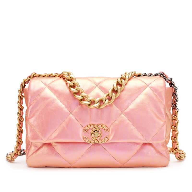 Chanel Pink Iridescent Quilted Calfskin Medium 19 Flap Gold, Silver and Ruthenium Hardware, 2021
