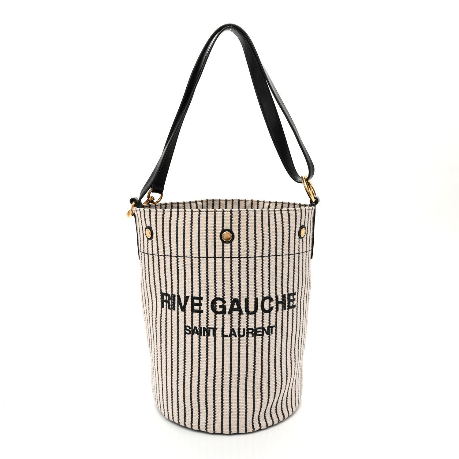 Saint Laurent Linen Calfskin Striped Rive Gauche Bucket Bag Grey Cream Black