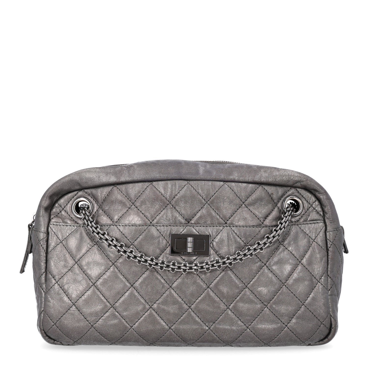 Chanel Metallic Aged Calfskin Quilted Medium Reissue Camera Case Dark Silver