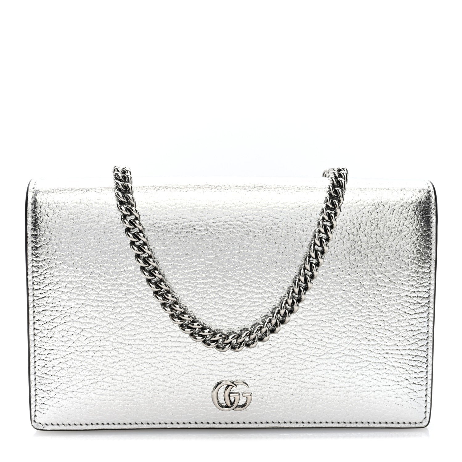 Gucci Metallic Dollar Calfskin Mini GG Marmont Chain Wallet Silver