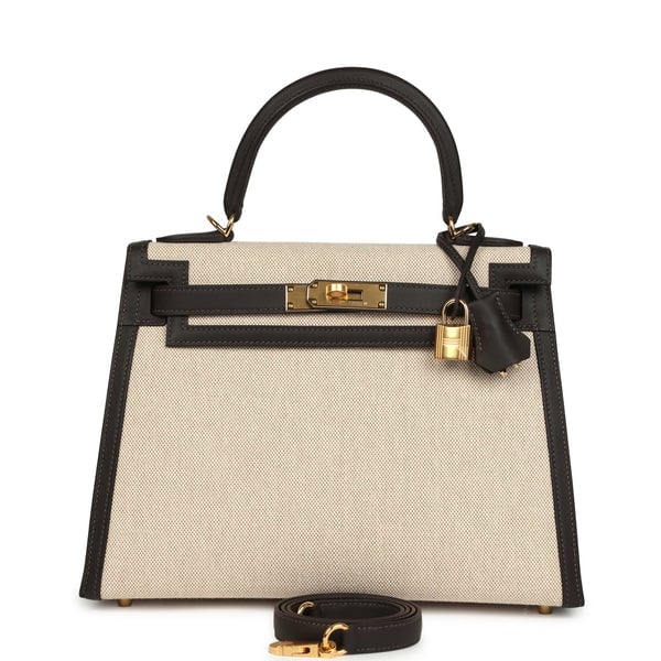 Hermes Hermes Kelly Sellier 28 Bai Brun Swift and Ecru-Beige Toile H Canvas Gold Hardware