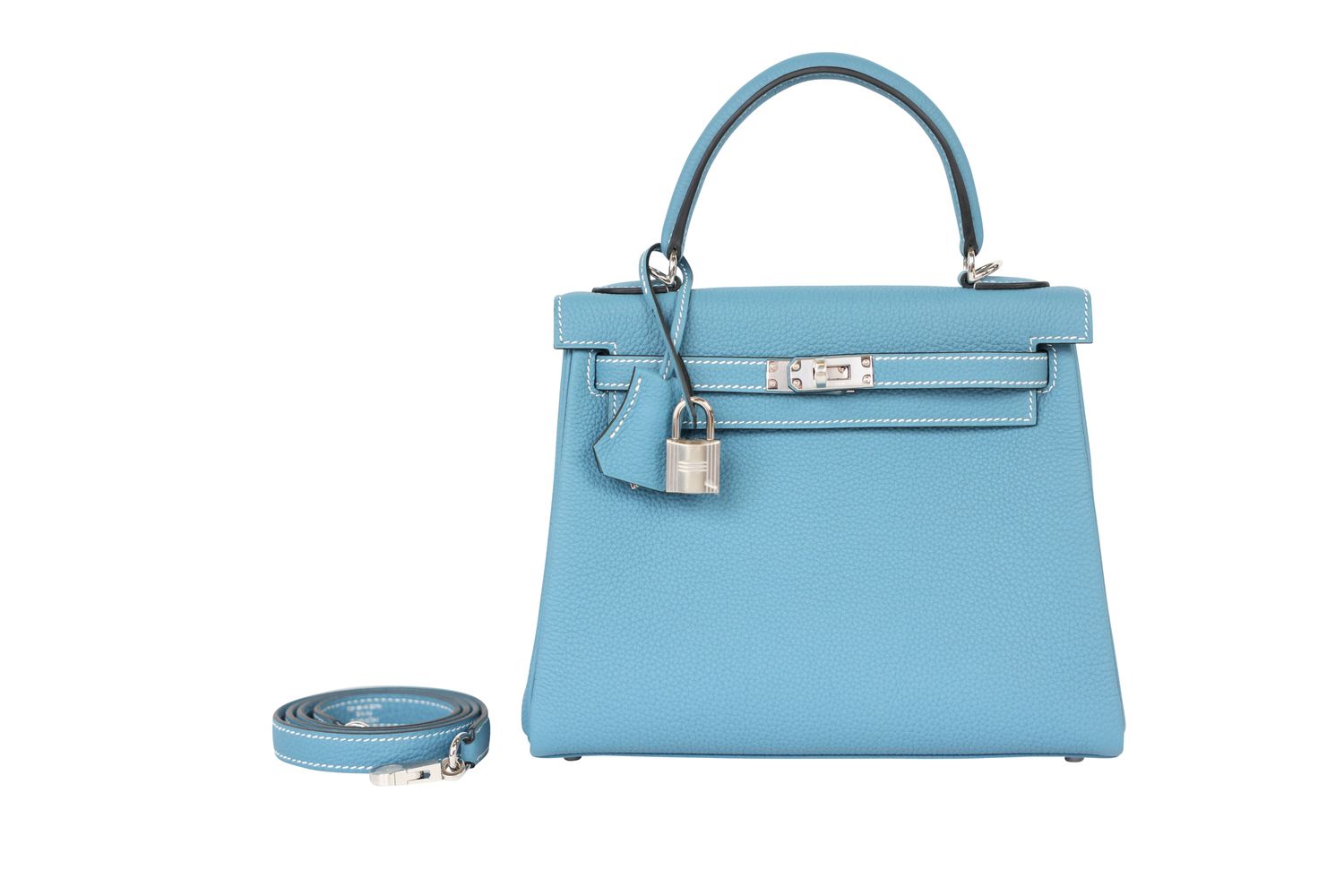 Hermes Kelly 25 Handbag, Blue Bleu Jean Togo with Palladium Hardware, G 2026 Stamp, New in Box WA001