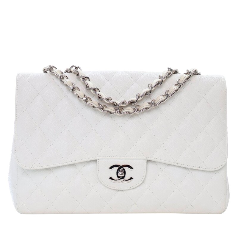 Chanel White Quilted Caviar Jumbo Classic Single Flap Bag Silver Hardware, 2006-2008