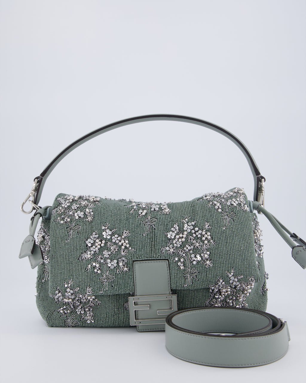Fendi Grey Mama Beaded Baguette Floral Embellished Shoulder Bag with Silver Hardware