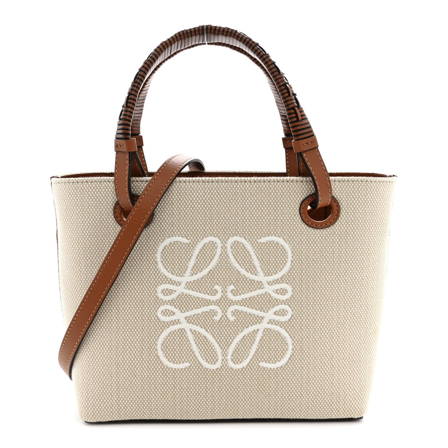 Loewe Canvas Calfskin Mini Anagram Tote Ecru Tan