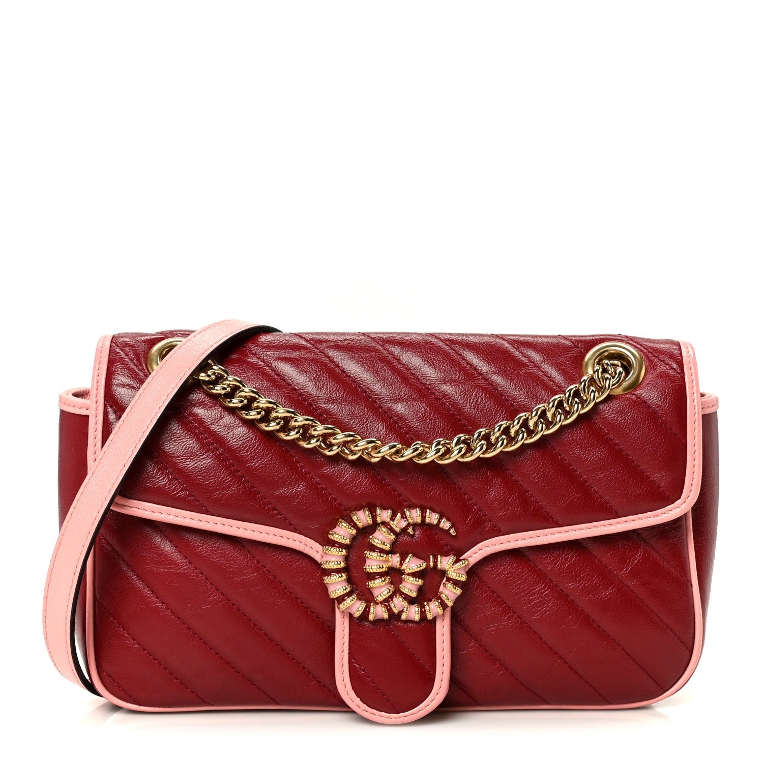 Gucci Azalea Calfskin Enamel Matelasse Diagonal Small Torchon GG Marmont Shoulder Bag New Cherry Red Wild Rose