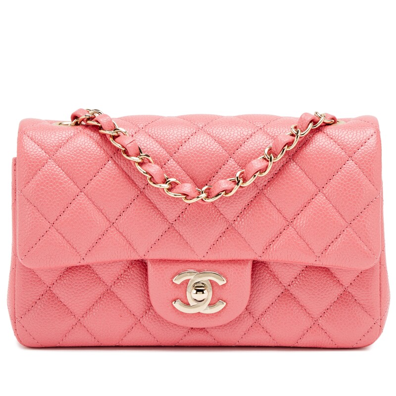 Pearly Pink Quilted Caviar Mini Rectangular Classic Flap Bag Light Gold Hardware, 2018