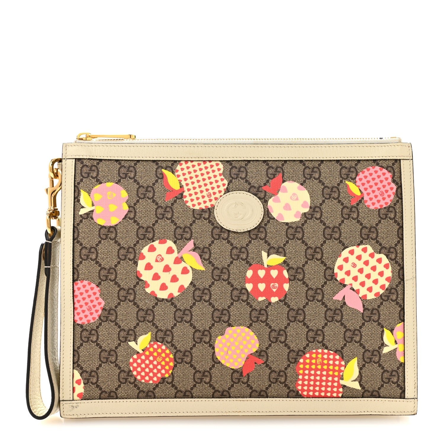 Gucci GG Supreme Monogram Les Pommes Interlocking G Wristlet Pouch  Beige Multicolor Mystic White