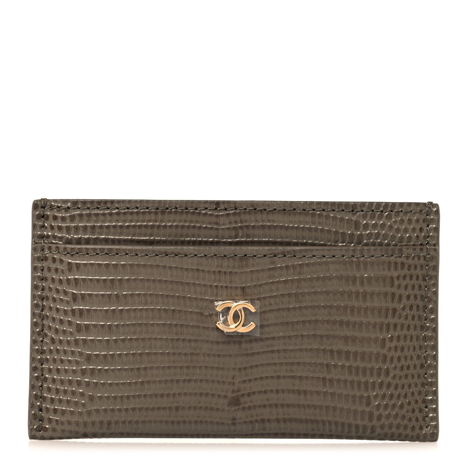 Chanel Calfskin Lizard Embossed Card Holder Dark Khaki