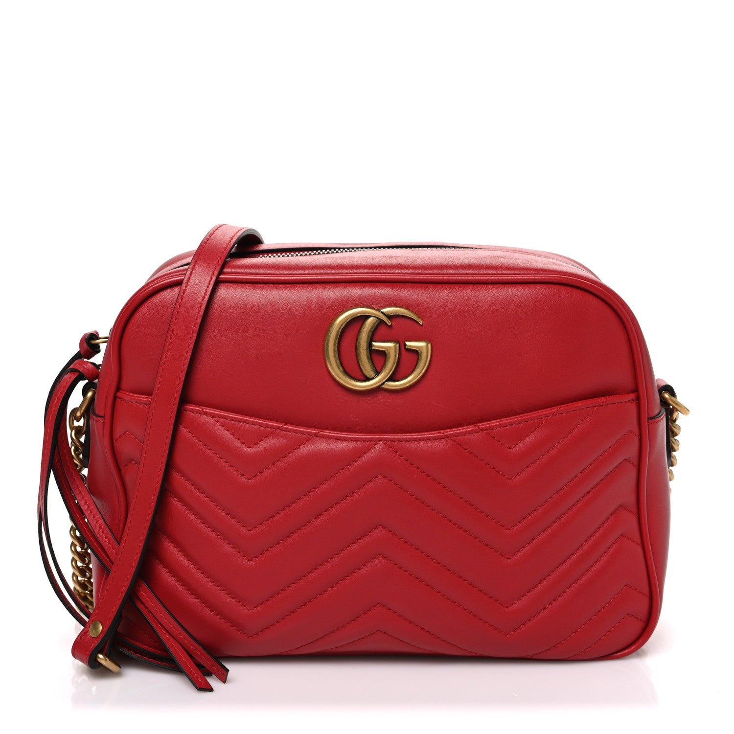 Gucci Calfskin Matelasse Medium GG Marmont Chain Shoulder Bag Hibiscus Red