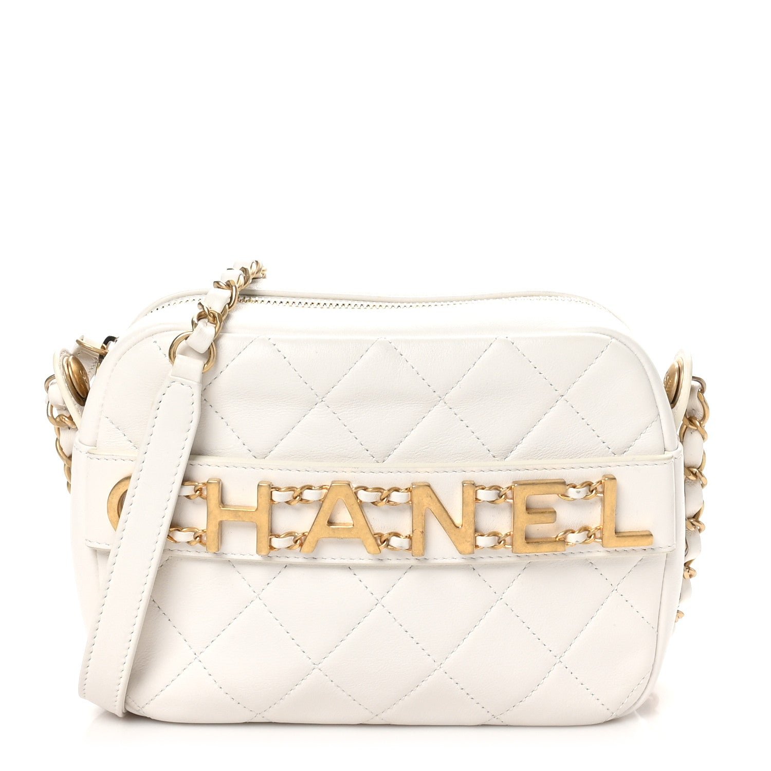 Chanel Calfskin Quilted Enchained Camera Case Bag White