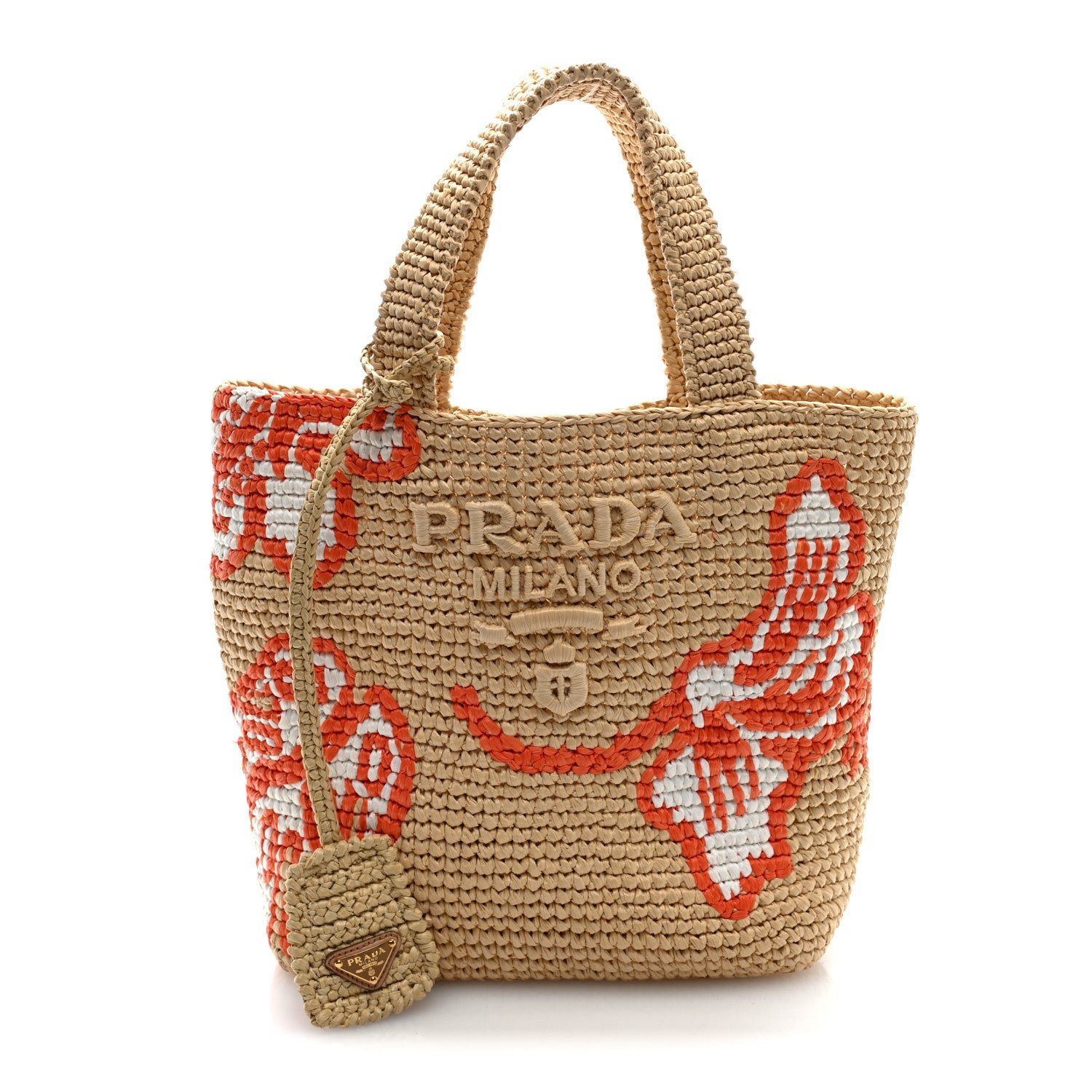 Prada Yarn Raffia Effect Crochet Embroidered Floral Logo Tote Naturale Aranci