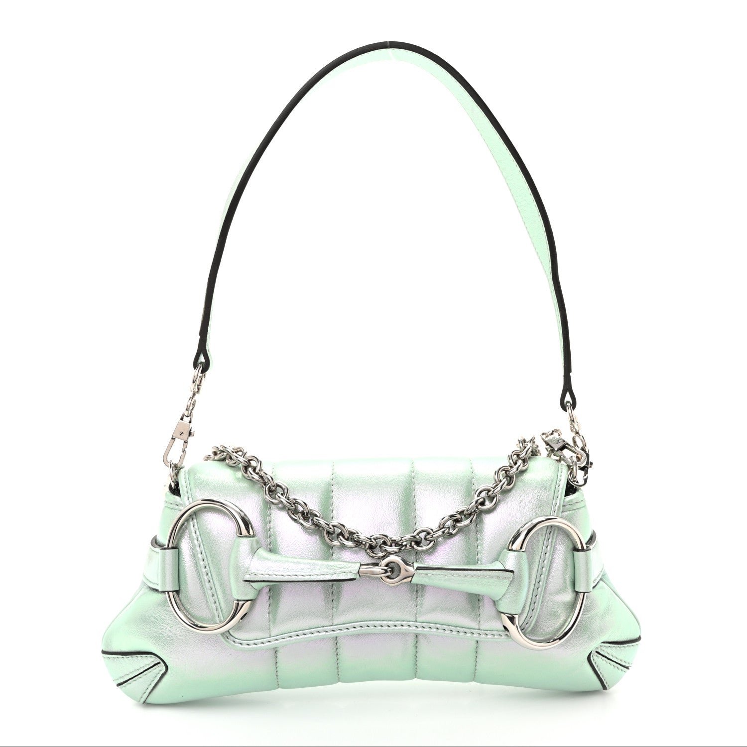 Gucci Iridescent Nappa Vertical Matelasse Small Maxi Horsebit Chain Shoulder Bag Iridescent Salvy Green