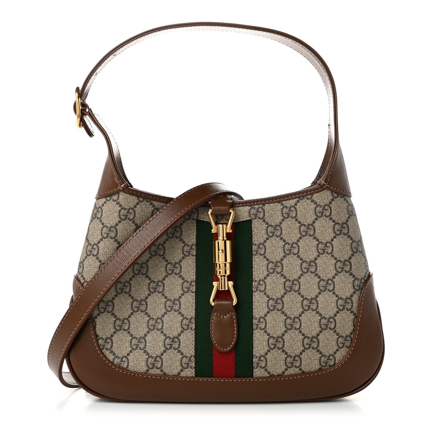 Gucci GG Supreme Monogram Azalea Calfskin Web Small Jackie 1961 Hobo Beige Ebony Brown Sugar