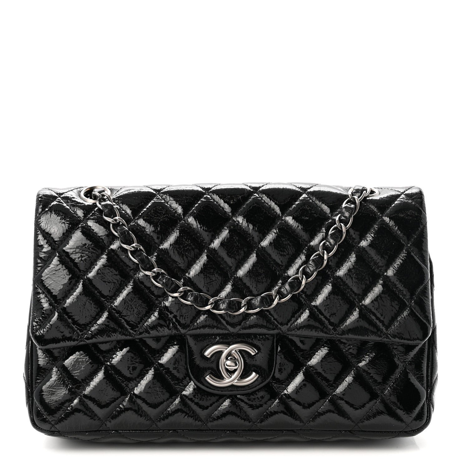 Chanel Crumpled Patent Quilted Medium Double Flap Black