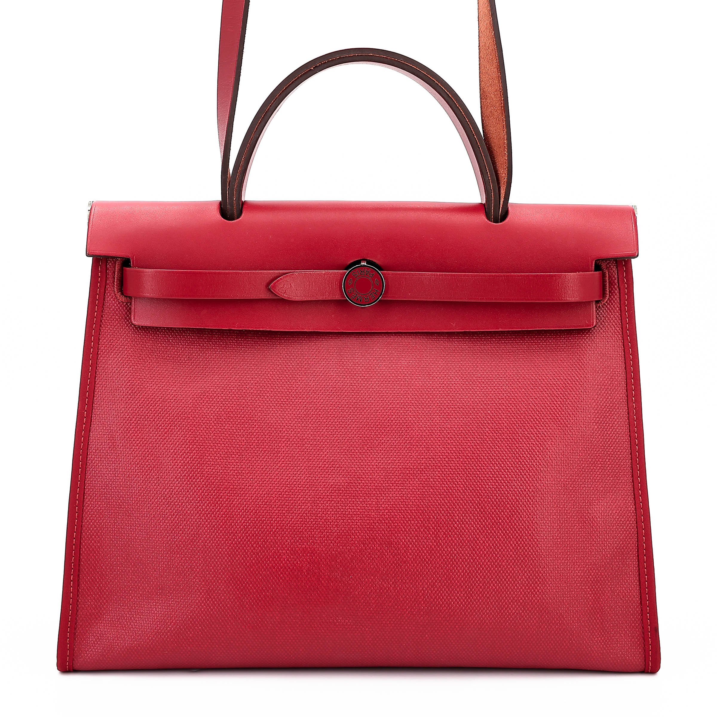 Hermes Very Good ( Rank A) HERMÈS Herbag Zip 31 PM Rouge Piment (5X) Vache Hunter Toile Berline canvas Palladium hardware D (2019)