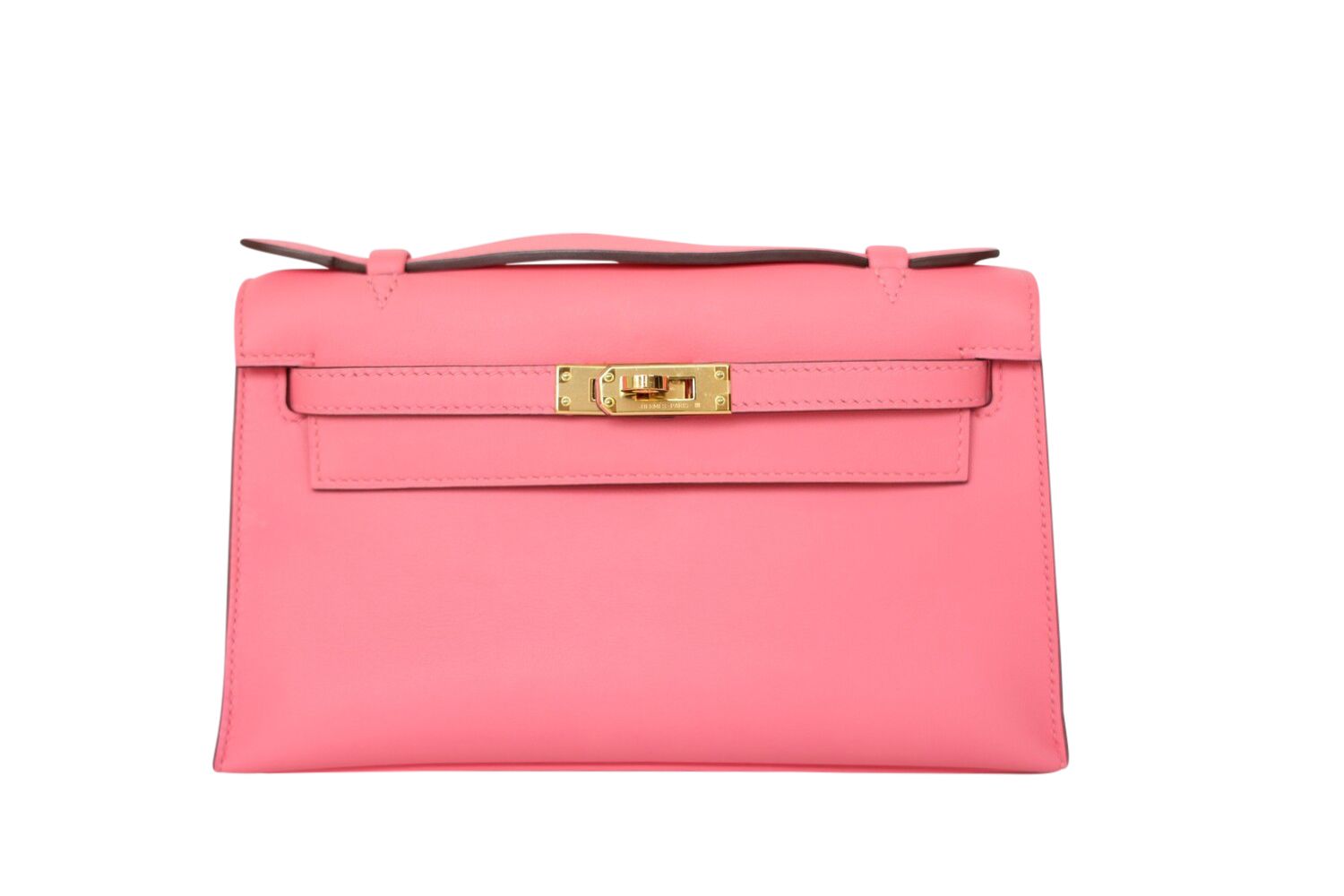 Hermes Kelly Pochette, Rose Azalee Pink Swift Leather with Gold Hardware, 2019 D Stamp, Preowned in Box WA001