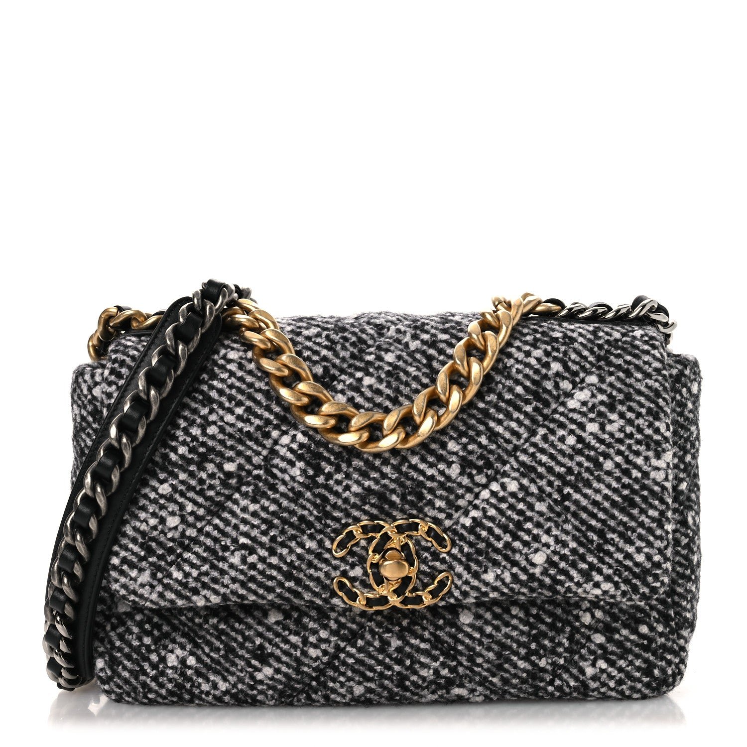 Chanel Tweed Quilted Medium Chanel 19 Flap Black White